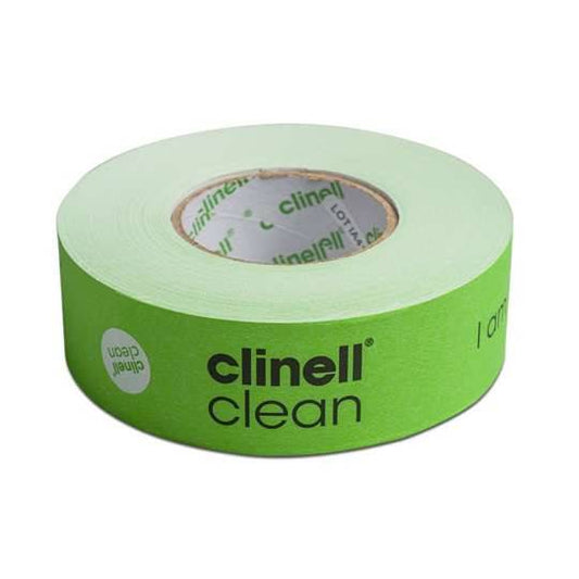 A roll of green Clinell Clean Indicator Tape with branding text visible