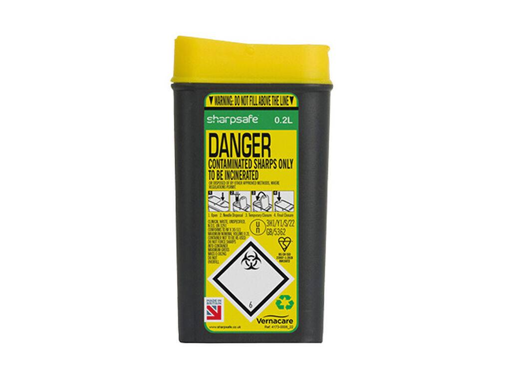 0.2 литров контейнер за остри предмети Sharpsafe жълт с цветна форма на отваряне
