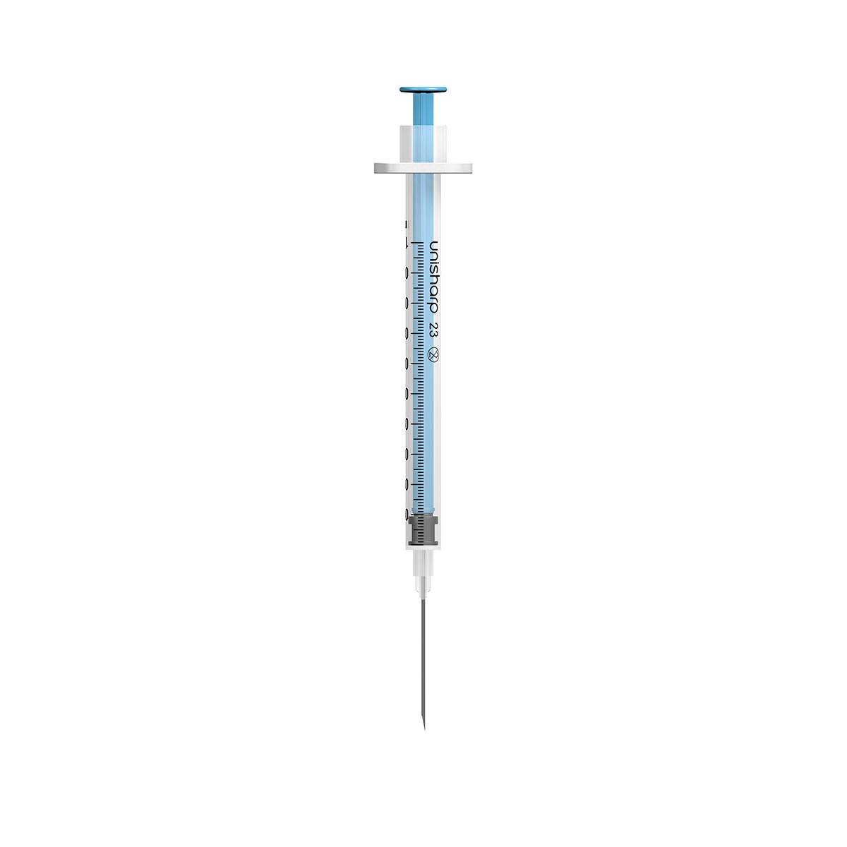 1 ml 23G 25 mm 1 инч спринцовка Unisharp с фиксирана синя игла u100