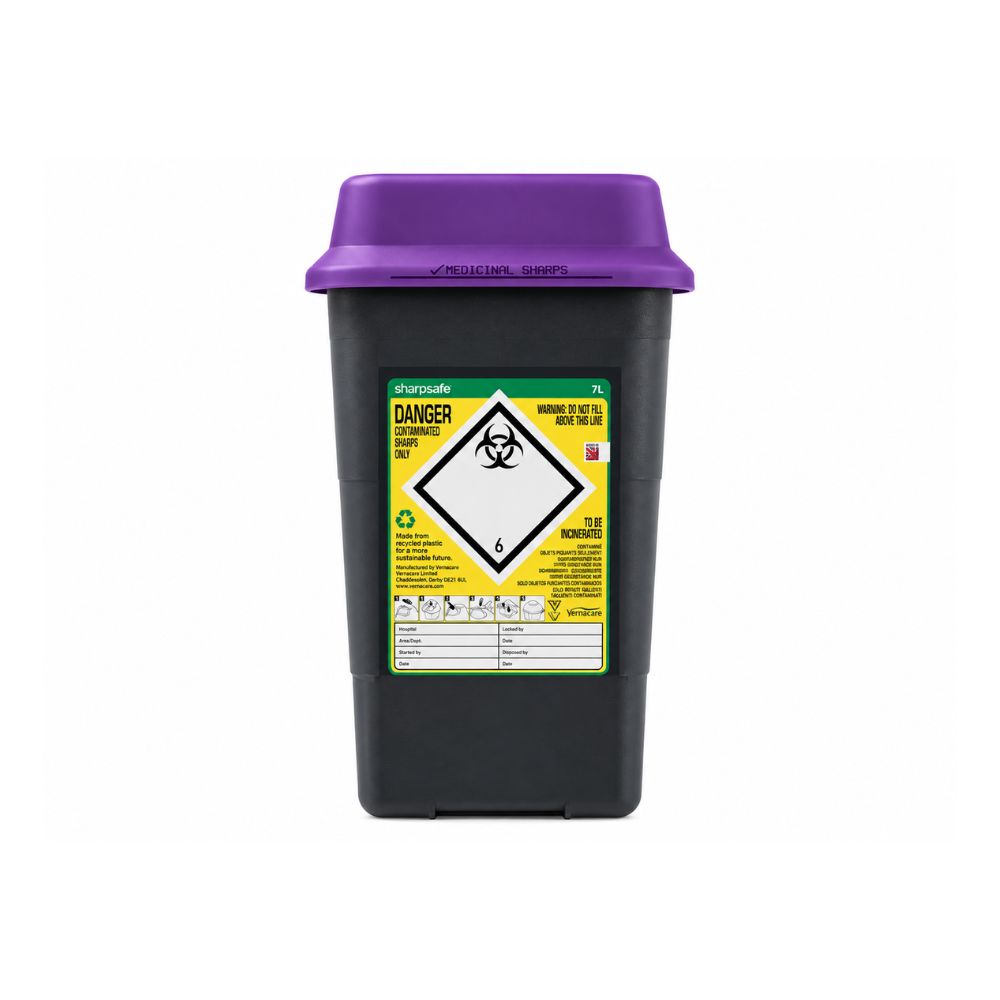 7L Wide Sharpsafe Recycled Sharps Bin with Purple Lid