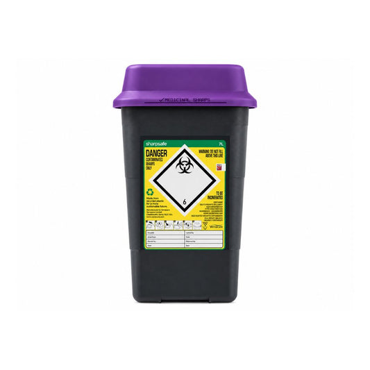 7L Wide Sharpsafe рециклиран контейнер за остри предмети с лилав капак