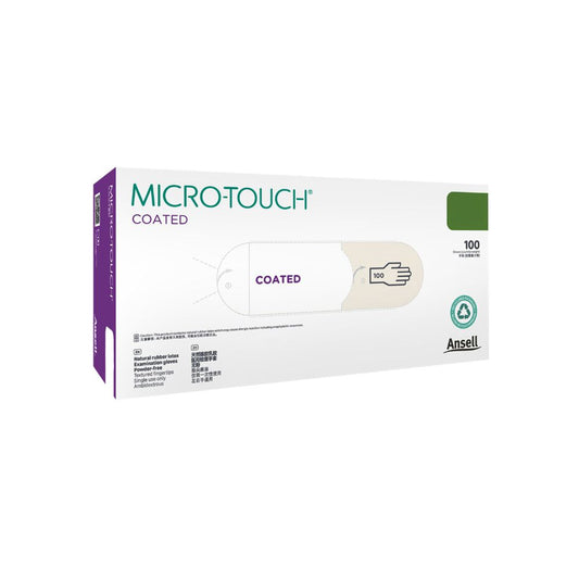Бели латексови ръкавици за преглед с покритие Ansell Micro-Touch, кутия от 100 броя