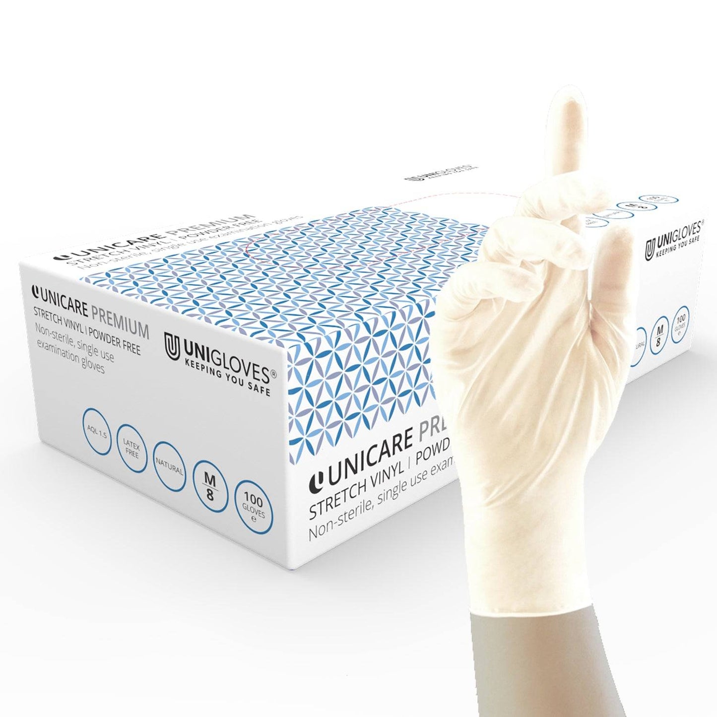 Unicare Premium Stretch Vinyl Examination White Gloves Box от 100