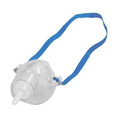 An oxygen mask for infants with a blue elastic strap and transparent body.
