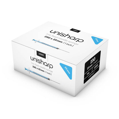 1 ml 23G 25 mm 1 инч спринцовка Unisharp с фиксирана синя игла u100